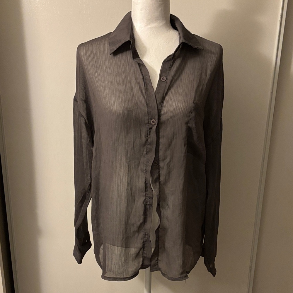 Sheer Gray Button-Up Blouse
